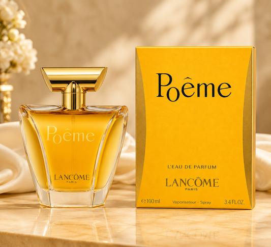 Lancôme Poème eau de parfum bottle and its yellow packaging box, displayed on a marble surface with a soft, warm background.