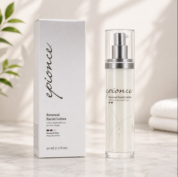 Epionce Renewal Facial Lotion 50ml bottle with a clear cap and silver pump, shown next to its white packaging box on a marble surface with soft background shadows.