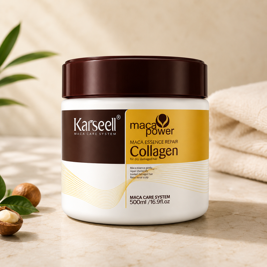 A jar of Karseell Maca Care System Collagen supplement, featuring a dark brown lid and a white and gold label, set on a beige stone surface with maca roots and a folded towel in the background.