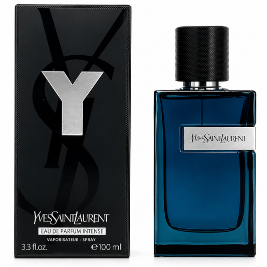 Yves Saint Laurent Intense Parfum 100ml bottle next to its black packaging box with a silver Y logo.