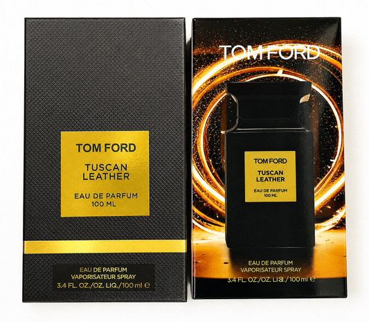 Tom Ford Tuscan Leather Eau de Parfum 100ml bottle shown next to its black textured packaging box and a black display card with gold circular graphics.