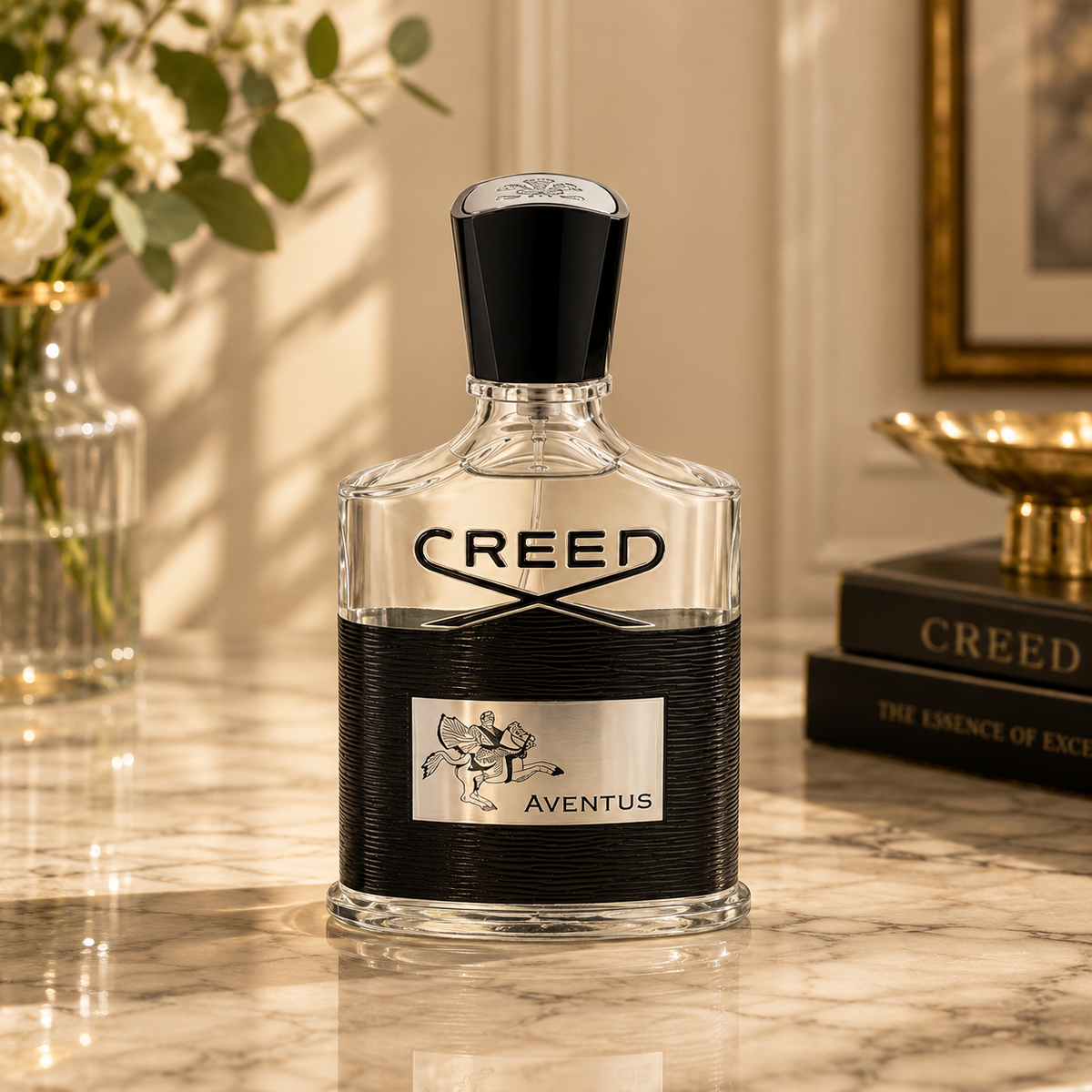 A bottle of Creed Aventus perfume stands on a polished marble surface in a warm, elegant interior setting. The clear glass bottle has a black textured wrap label and a black cap, with the brand name 'CREED' and 'AVENTUS' visible on the front.