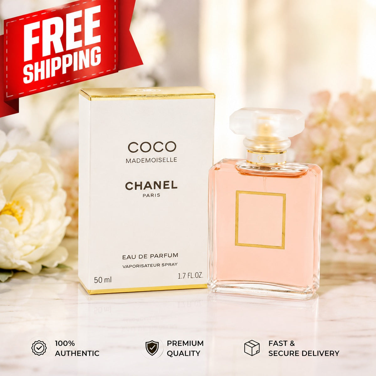 Chanel Coco Mademoiselle Eau de Parfum 50ml bottle next to its white and gold box, set on a marble surface with soft white flowers in the background. A red 'FREE SHIPPING' banner is in the top left, and feature icons at the bottom.