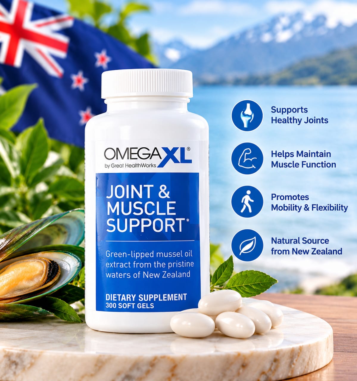 OmegaXL Joint & Muscle Support dietary supplement bottle displayed on a marble slab with softgel capsules, green mussels, and a New Zealand flag and ocean backdrop, alongside benefit callouts.