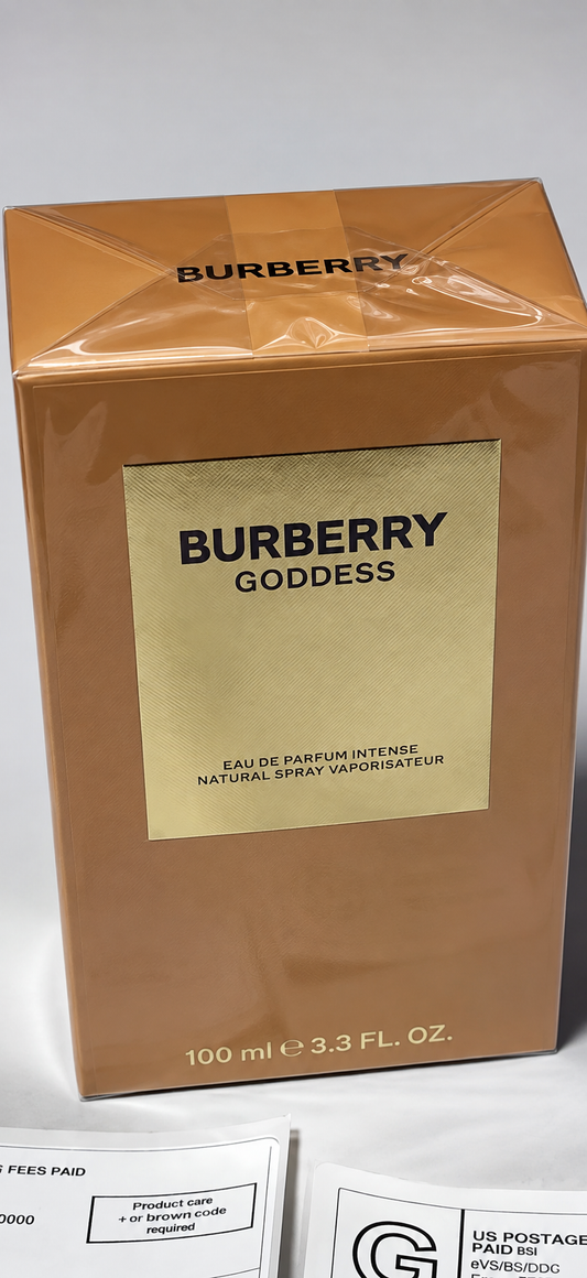 Burberry Goddess Eau de Parfum 100ml box in brown with a gold label, wrapped in protective plastic.