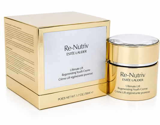 Estée Lauder Re-Nutriv Ultimate Lift Regenerating Youth Creme in a gold jar next to its gold packaging box, on a white background.