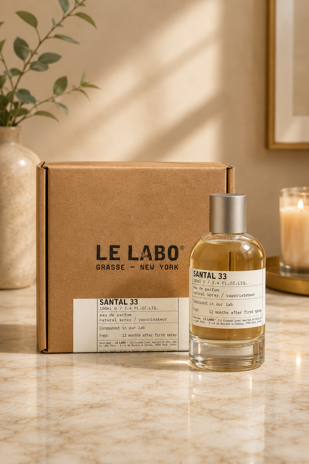 A bottle of Le Labo Santal 33 Eau de Parfum next to its brown cardboard box, styled on a marble surface with a candle and plant in the background.