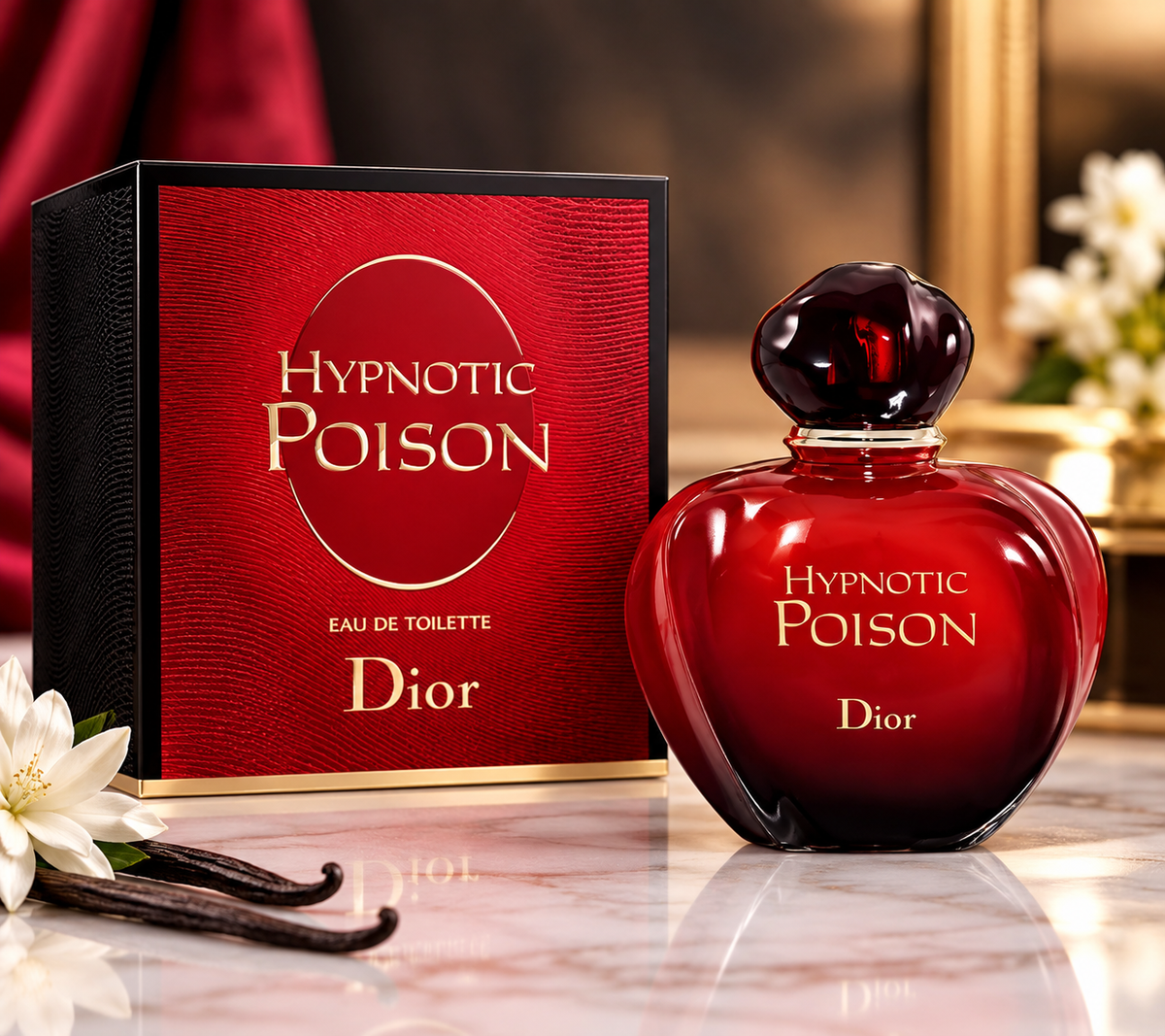 Dior Hypnotic Poison Eau de Toilette bottle and packaging box on a marble surface with decorative flowers and dark fabric in the background.