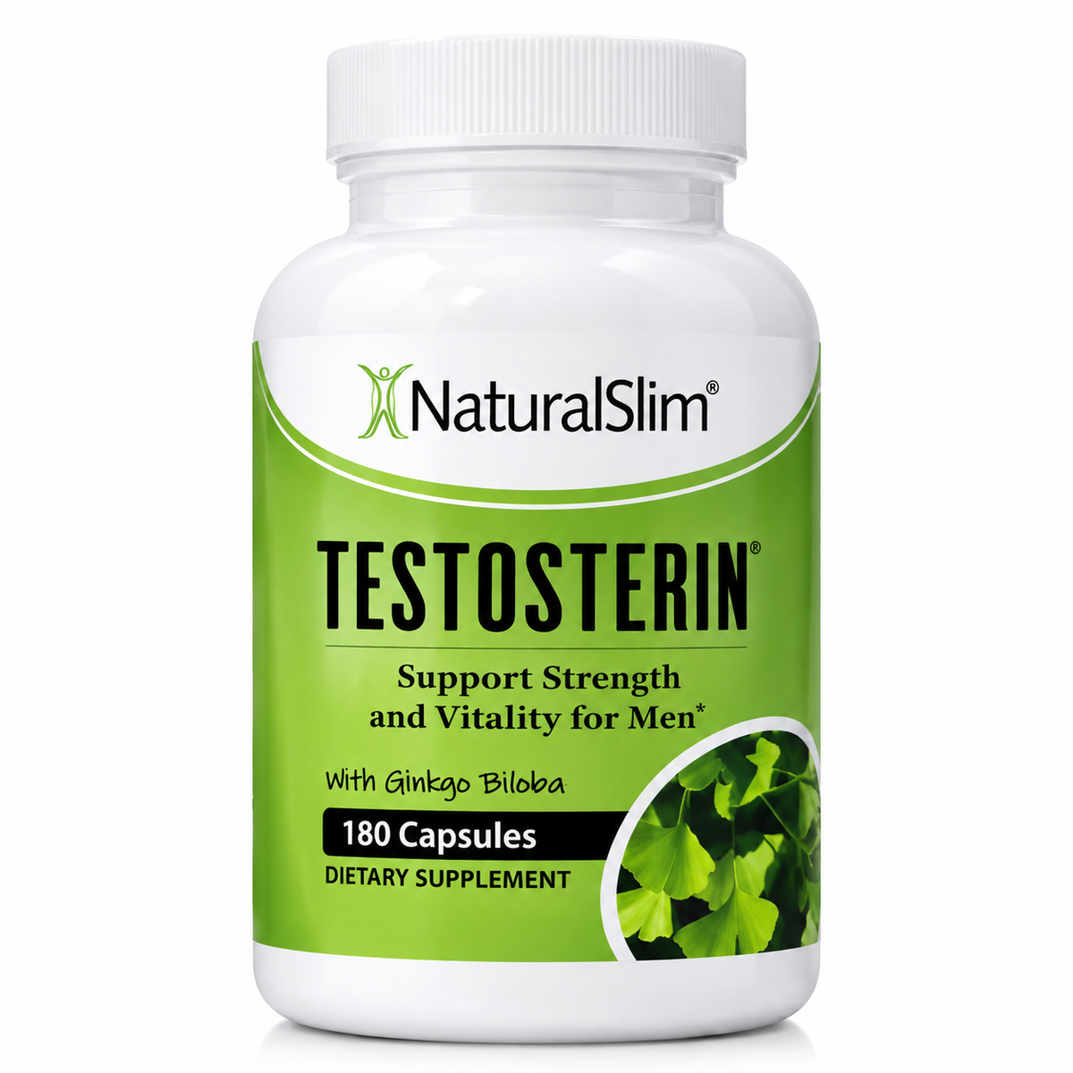 A white plastic bottle of NaturalSlim Testosterone dietary supplement with a green and white label, containing 180 capsules.