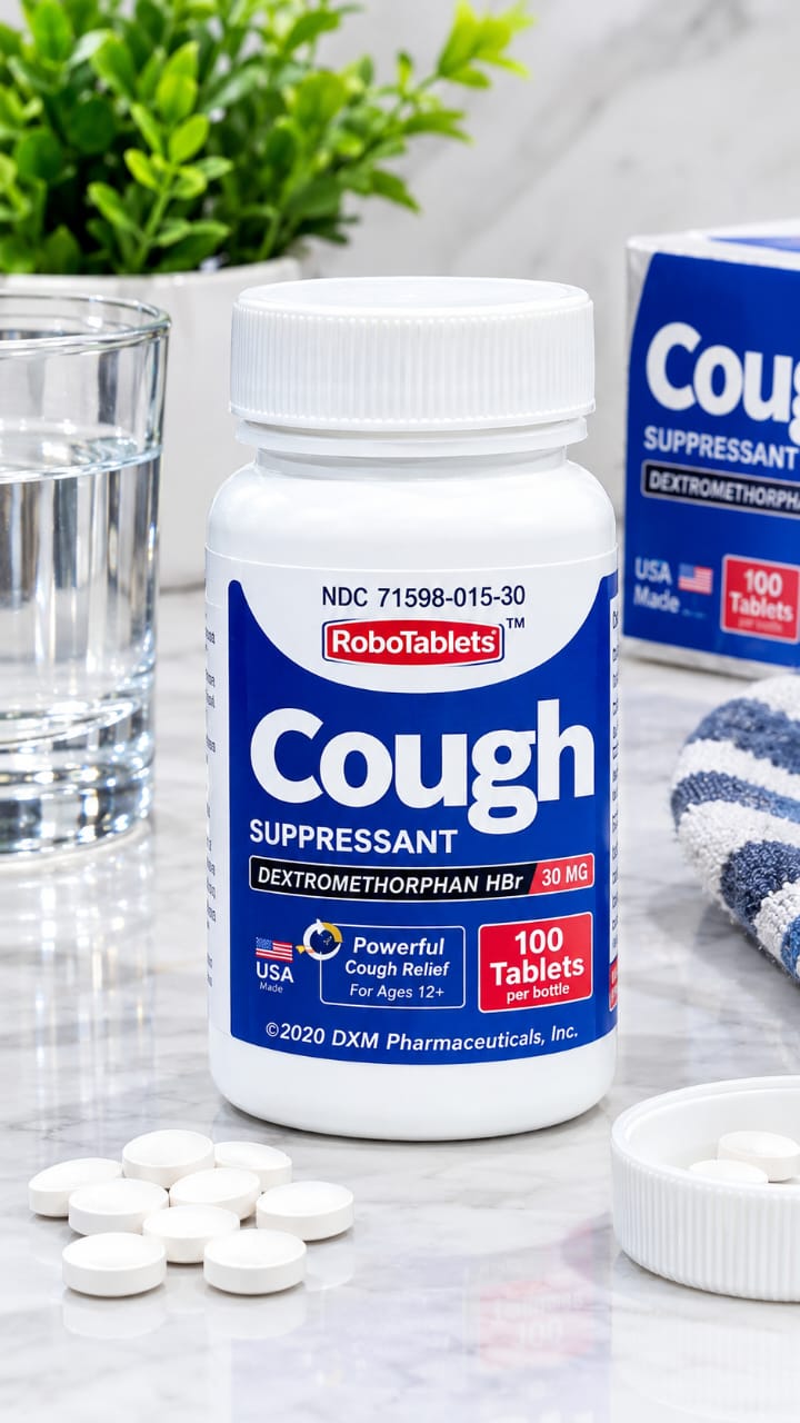 A bottle of RoboTablets Cough Suppressant with white tablets scattered in front, set on a marble surface with a glass of water, a blue box, and a striped cloth in the background.