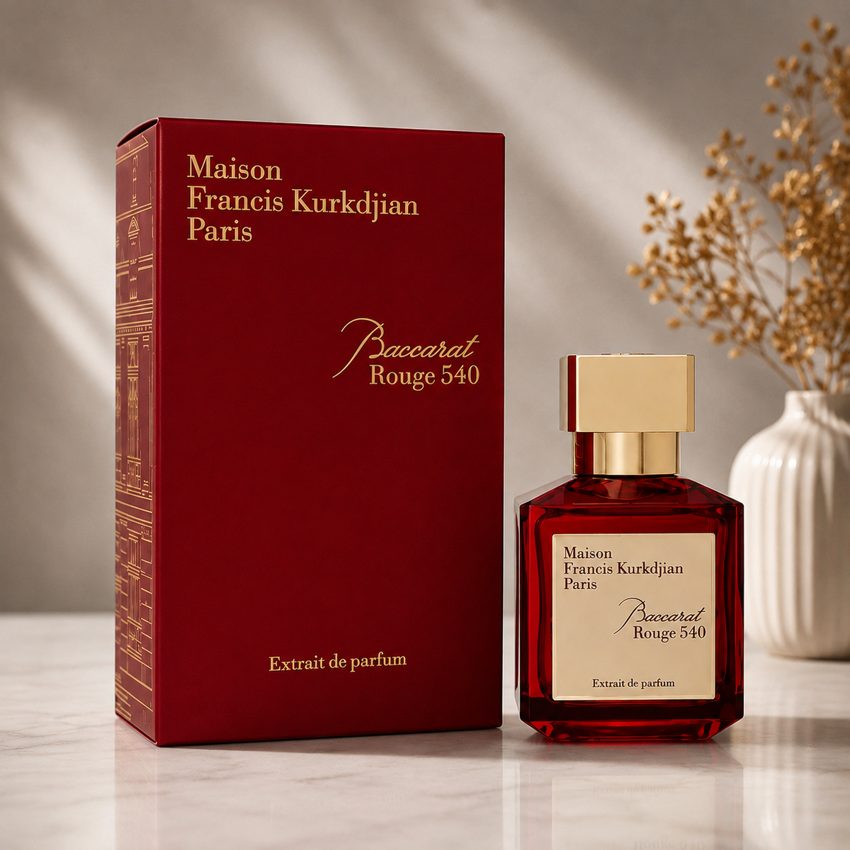 Maison Francis Kurkjian Paris Baccarat Rouge 540 Extrait de Parfum shown with its deep red box and matching glass bottle featuring a gold cap, set on a marble surface with a vase of dried flowers in the background.