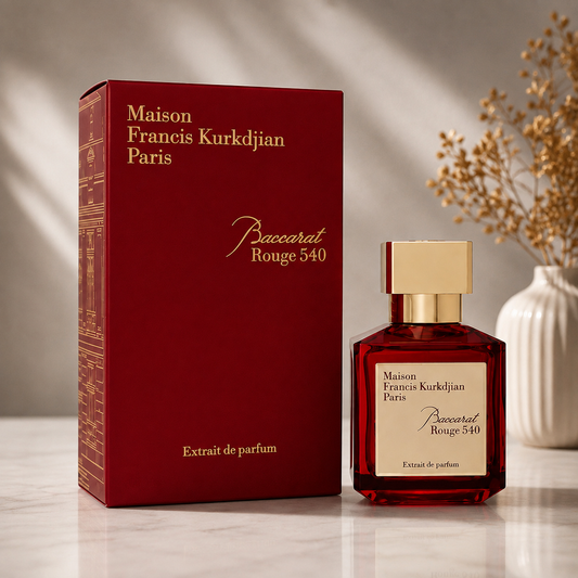 Maison Francis Kurkjian Paris Baccarat Rouge 540 Extrait de Parfum shown with its deep red box and matching glass bottle featuring a gold cap, set on a marble surface with a vase of dried flowers in the background.
