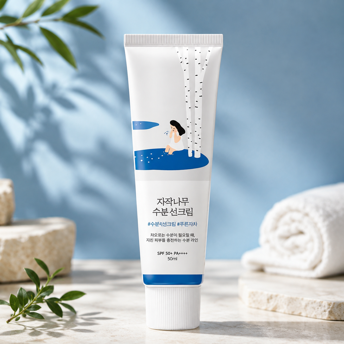 A 50ml tube of skincare cream centered on a marble surface, flanked by a folded white towel and green leaves against a soft blue background with leaf shadows.
