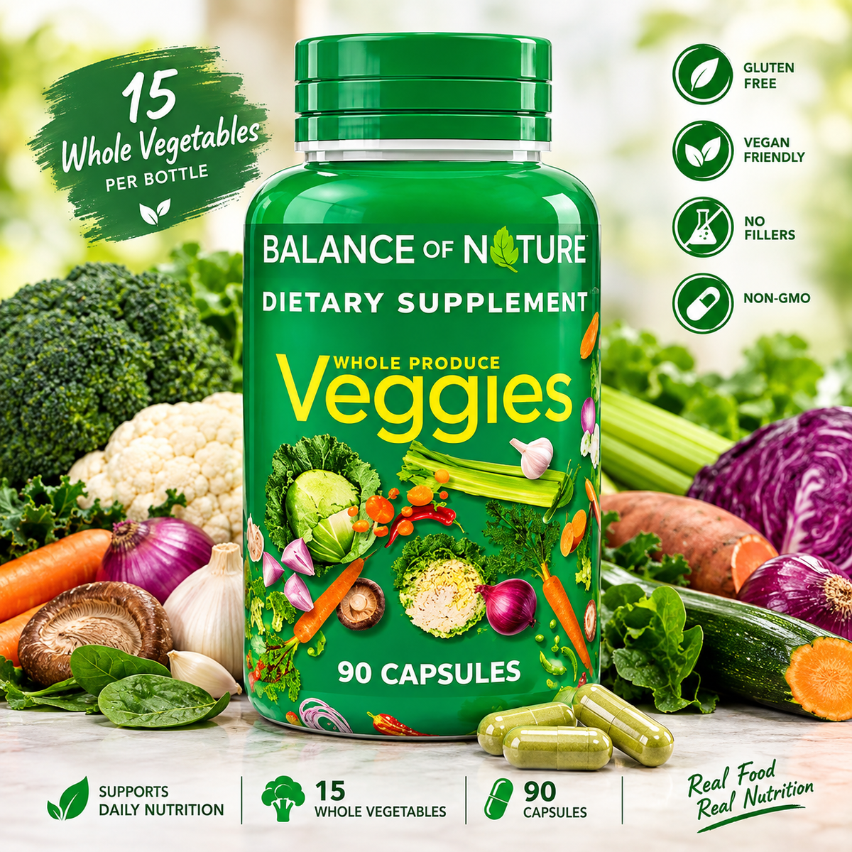 A green bottle of Balance of Nature 'Whole Produce Veggies' dietary supplement capsules, surrounded by fresh vegetables like broccoli, carrots, and purple cabbage on a white background with feature badges.