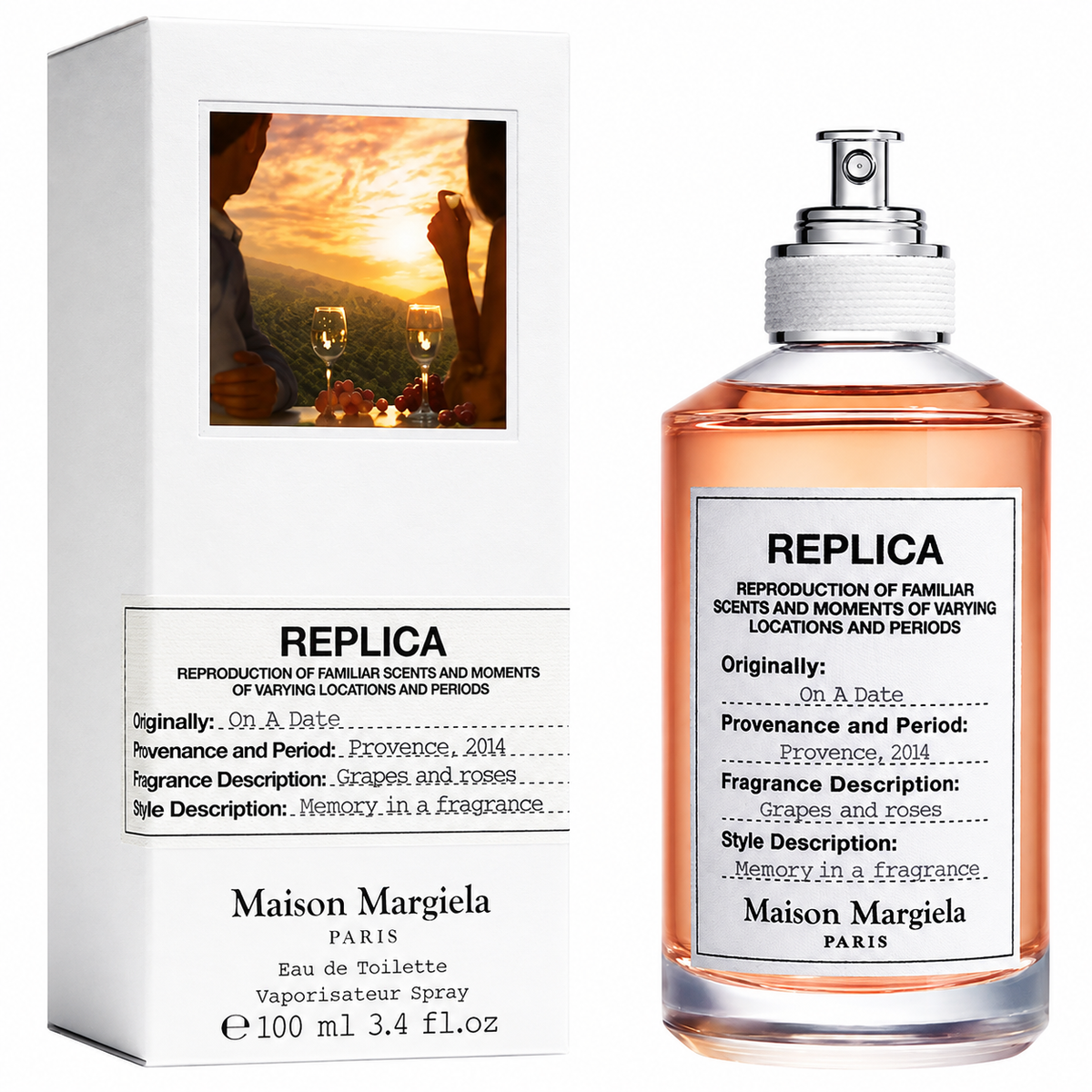 Maison Margiela Replica Eau de Toilette spray bottle and its white packaging box, featuring a peach-colored liquid and a white label with black text.