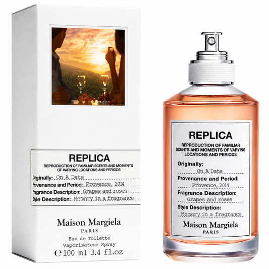 Maison Margiela Replica Eau de Toilette spray bottle and its white packaging box, featuring a peach-colored liquid and a white label with black text.