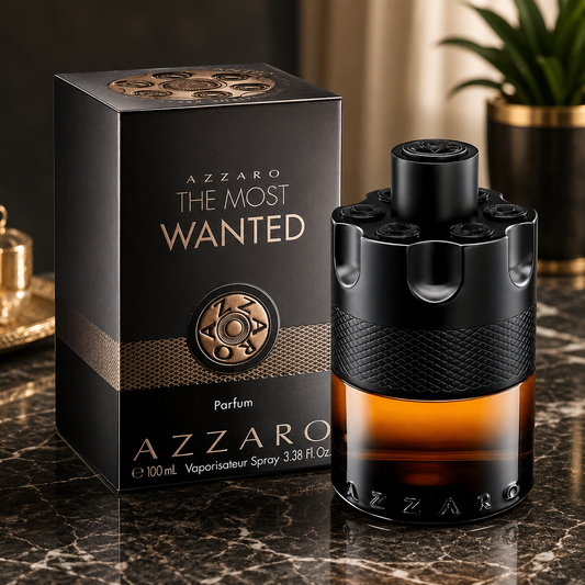 A bottle of Azzaro The Most Wanted perfume next to its black and gold packaging box, set on a polished dark marble surface with a blurred background.