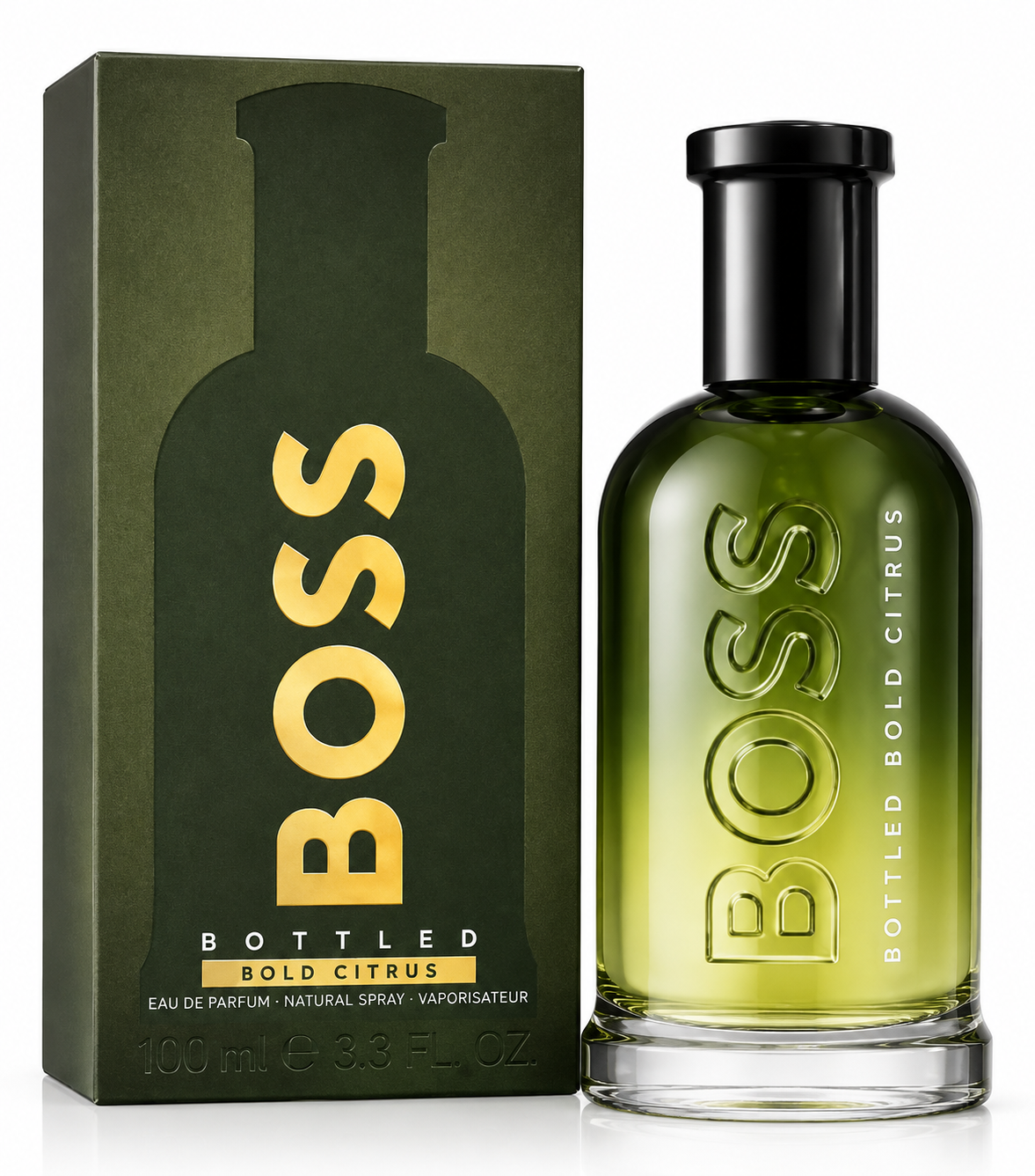 Bottled Bold Citrus fragrance shown with its dark olive green box and matching glass bottle featuring large gold BOSS lettering, on a clean white background.