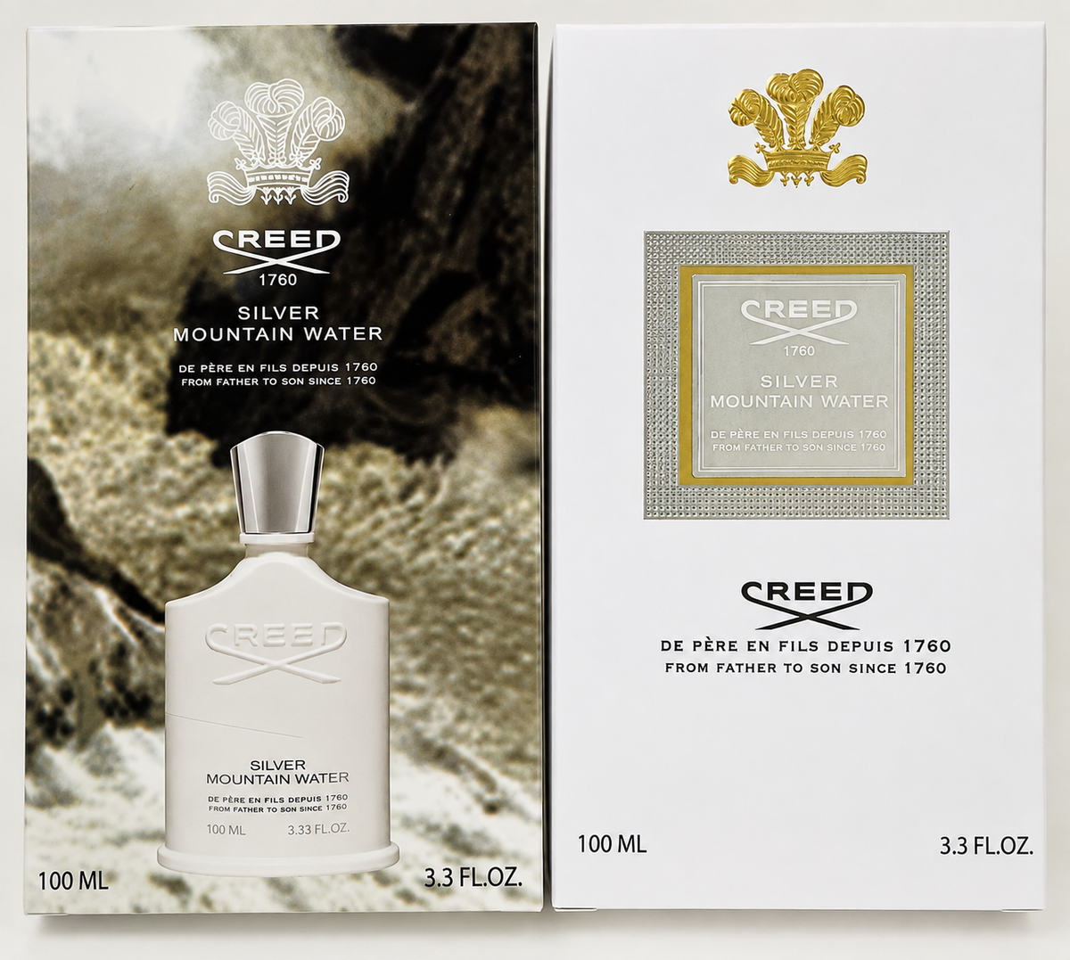 Creed Silver Mountain Water 100ml gift set packaging, featuring a white bottle with a silver cap on the left against a dark mountain background, and the white box with a gold crest on the right.