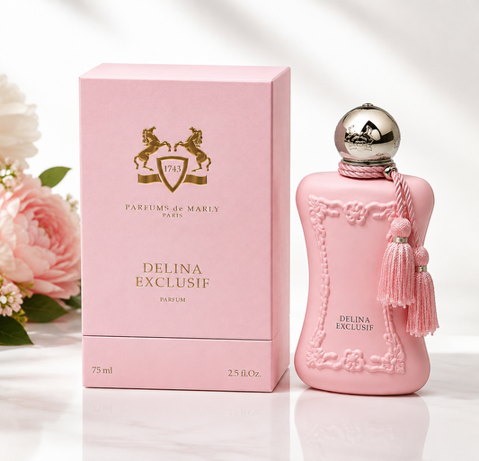 Pink perfume bottle and matching pink box from Parfums de Marly, labeled Delina Exclusif Parfum, on a clean white surface with soft floral decor in the background.