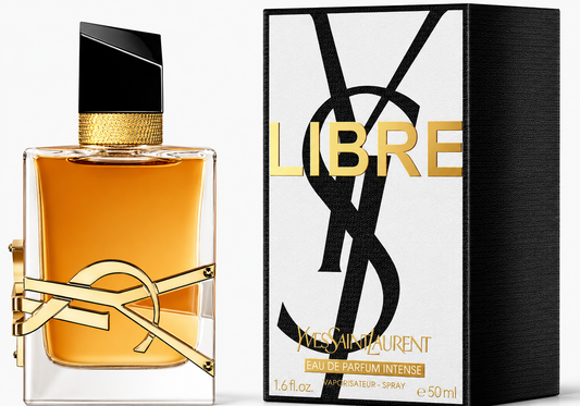 YSL Libre Eau de Parfum bottle with amber liquid and gold logo details, shown next to its black and white packaging box with gold LIBRE lettering and the YSL monogram.