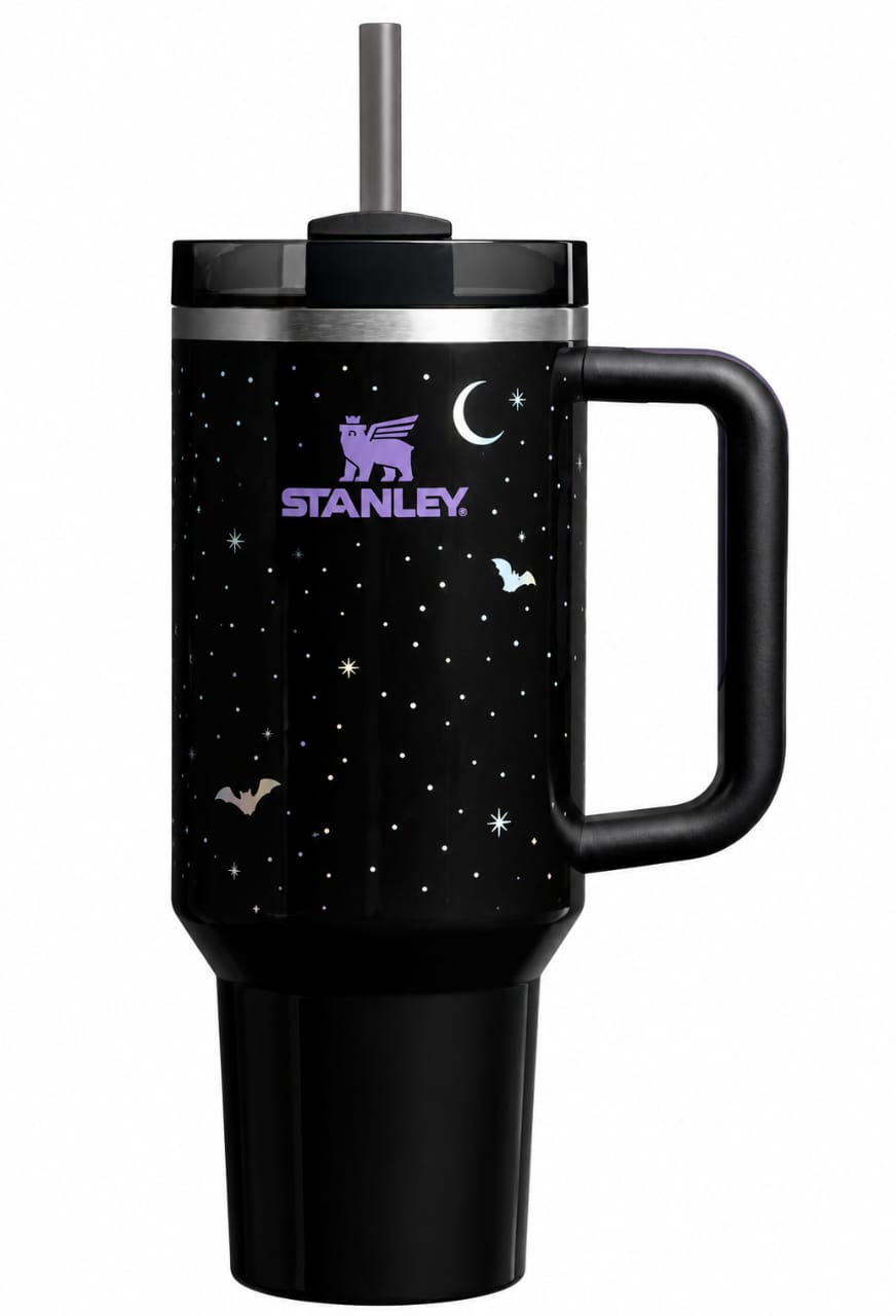 Black Insulated Tumbler Cup with Handle & Straw Lid – Moon & Star Design | Reusable Stainless Steel Travel Tumbler | 40 oz