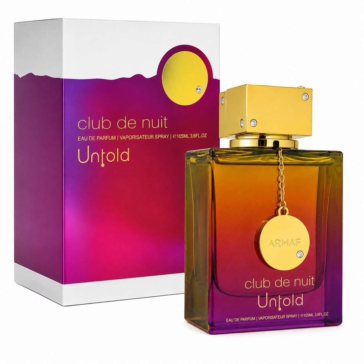 Club de Nuit Unfold Eau de Parfum bottle and its packaging box. The bottle features a square glass body with a gradient amber-to-purple liquid, a gold cap, and a gold hanging medallion.