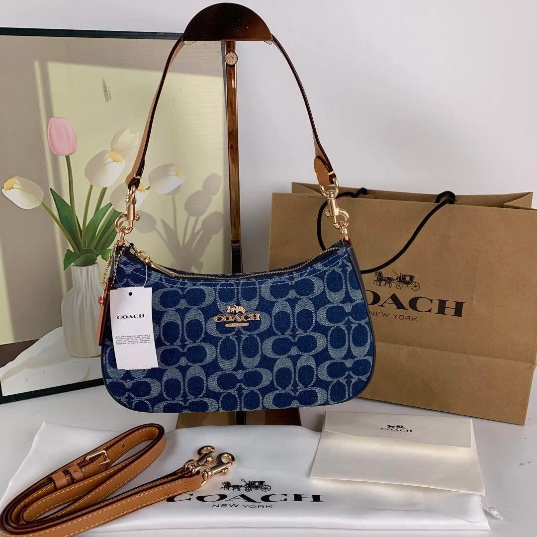 Coach Teri Shoulder Bag in Signature Denim - Blue Canvas / Tan Leather Trim 16 oz